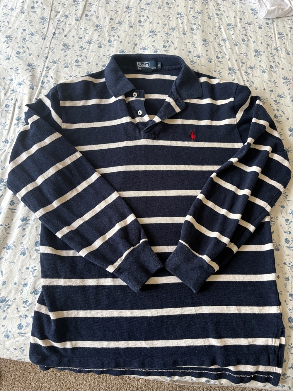 Polo by Ralph Lauren Navy & White Striped Rugby Polo with Red Logo